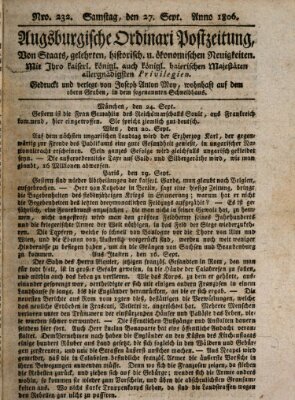 Augsburgische Ordinari Postzeitung von Staats-, gelehrten, historisch- u. ökonomischen Neuigkeiten (Augsburger Postzeitung) Samstag 27. September 1806
