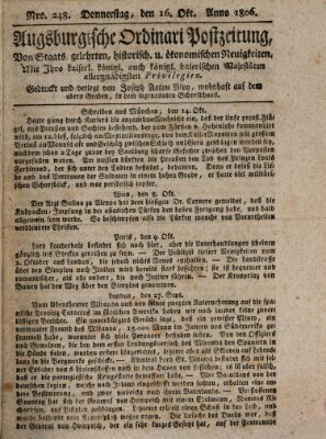 Augsburgische Ordinari Postzeitung von Staats-, gelehrten, historisch- u. ökonomischen Neuigkeiten (Augsburger Postzeitung) Donnerstag 16. Oktober 1806