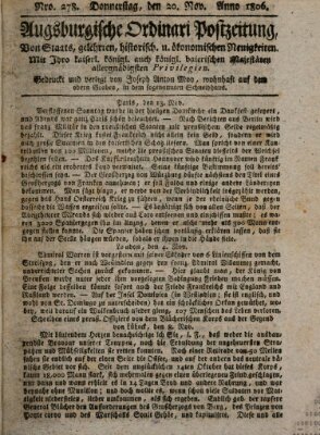 Augsburgische Ordinari Postzeitung von Staats-, gelehrten, historisch- u. ökonomischen Neuigkeiten (Augsburger Postzeitung) Donnerstag 20. November 1806