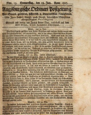 Augsburgische Ordinari Postzeitung von Staats-, gelehrten, historisch- u. ökonomischen Neuigkeiten (Augsburger Postzeitung) Donnerstag 15. Januar 1807