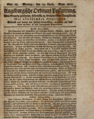 Augsburgische Ordinari Postzeitung von Staats-, gelehrten, historisch- u. ökonomischen Neuigkeiten (Augsburger Postzeitung) Montag 13. April 1807