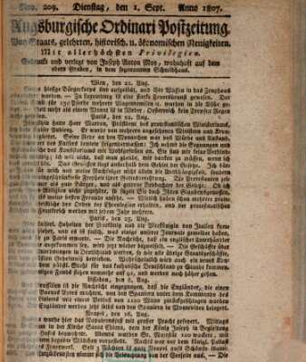 Augsburgische Ordinari Postzeitung von Staats-, gelehrten, historisch- u. ökonomischen Neuigkeiten (Augsburger Postzeitung) Dienstag 1. September 1807