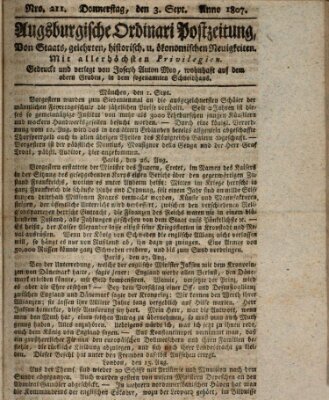 Augsburgische Ordinari Postzeitung von Staats-, gelehrten, historisch- u. ökonomischen Neuigkeiten (Augsburger Postzeitung) Donnerstag 3. September 1807