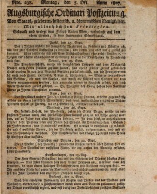 Augsburgische Ordinari Postzeitung von Staats-, gelehrten, historisch- u. ökonomischen Neuigkeiten (Augsburger Postzeitung) Montag 5. Oktober 1807