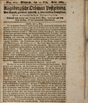 Augsburgische Ordinari Postzeitung von Staats-, gelehrten, historisch- u. ökonomischen Neuigkeiten (Augsburger Postzeitung) Mittwoch 11. November 1807