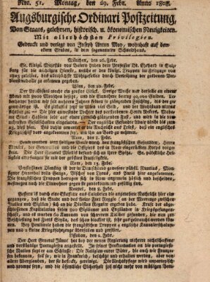 Augsburgische Ordinari Postzeitung von Staats-, gelehrten, historisch- u. ökonomischen Neuigkeiten (Augsburger Postzeitung) Montag 29. Februar 1808