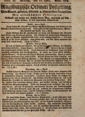 Augsburgische Ordinari Postzeitung von Staats-, gelehrten, historisch- u. ökonomischen Neuigkeiten (Augsburger Postzeitung) Montag 11. April 1808