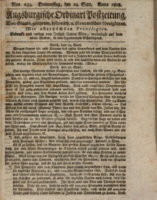 Augsburgische Ordinari Postzeitung von Staats-, gelehrten, historisch- u. ökonomischen Neuigkeiten (Augsburger Postzeitung) Donnerstag 29. September 1808