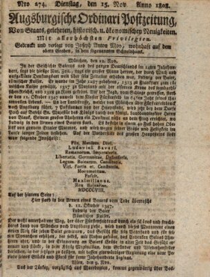 Augsburgische Ordinari Postzeitung von Staats-, gelehrten, historisch- u. ökonomischen Neuigkeiten (Augsburger Postzeitung) Dienstag 15. November 1808