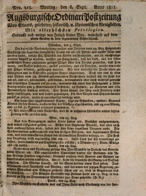 Augsburgische Ordinari Postzeitung von Staats-, gelehrten, historisch- u. ökonomischen Neuigkeiten (Augsburger Postzeitung) Montag 6. September 1813