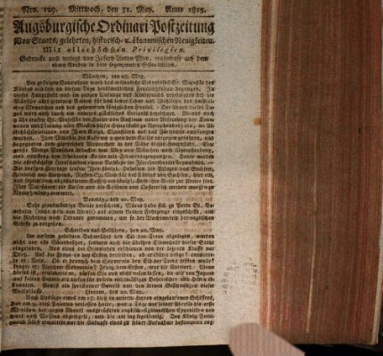 Augsburgische Ordinari Postzeitung von Staats-, gelehrten, historisch- u. ökonomischen Neuigkeiten (Augsburger Postzeitung) Mittwoch 31. Mai 1815