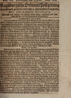 Augsburgische Ordinari Postzeitung von Staats-, gelehrten, historisch- u. ökonomischen Neuigkeiten (Augsburger Postzeitung) Donnerstag 7. September 1815