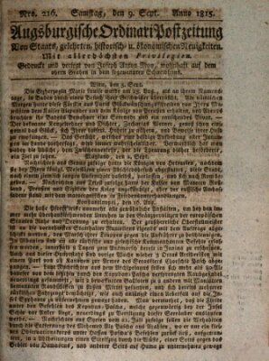Augsburgische Ordinari Postzeitung von Staats-, gelehrten, historisch- u. ökonomischen Neuigkeiten (Augsburger Postzeitung) Samstag 9. September 1815