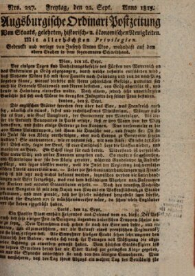 Augsburgische Ordinari Postzeitung von Staats-, gelehrten, historisch- u. ökonomischen Neuigkeiten (Augsburger Postzeitung) Freitag 22. September 1815
