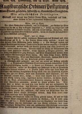 Augsburgische Ordinari Postzeitung von Staats-, gelehrten, historisch- u. ökonomischen Neuigkeiten (Augsburger Postzeitung) Donnerstag 28. September 1815
