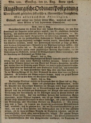 Augsburgische Ordinari Postzeitung von Staats-, gelehrten, historisch- u. ökonomischen Neuigkeiten (Augsburger Postzeitung) Samstag 31. August 1816