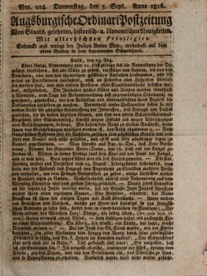 Augsburgische Ordinari Postzeitung von Staats-, gelehrten, historisch- u. ökonomischen Neuigkeiten (Augsburger Postzeitung) Donnerstag 5. September 1816