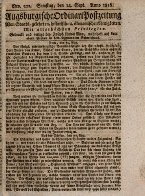 Augsburgische Ordinari Postzeitung von Staats-, gelehrten, historisch- u. ökonomischen Neuigkeiten (Augsburger Postzeitung) Samstag 14. September 1816