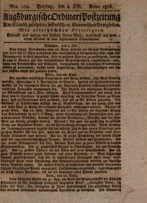 Augsburgische Ordinari Postzeitung von Staats-, gelehrten, historisch- u. ökonomischen Neuigkeiten (Augsburger Postzeitung) Freitag 4. Oktober 1816