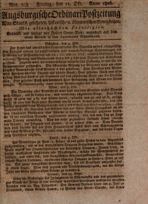 Augsburgische Ordinari Postzeitung von Staats-, gelehrten, historisch- u. ökonomischen Neuigkeiten (Augsburger Postzeitung) Freitag 11. Oktober 1816
