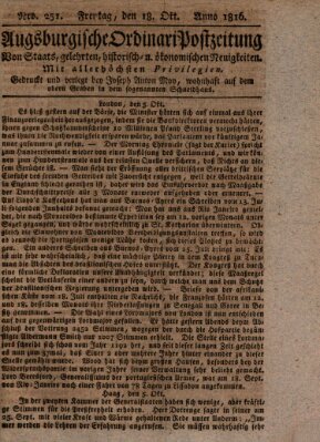 Augsburgische Ordinari Postzeitung von Staats-, gelehrten, historisch- u. ökonomischen Neuigkeiten (Augsburger Postzeitung) Freitag 18. Oktober 1816