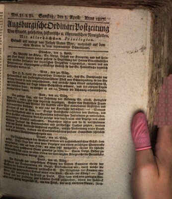 Augsburgische Ordinari Postzeitung von Staats-, gelehrten, historisch- u. ökonomischen Neuigkeiten (Augsburger Postzeitung) Samstag 5. April 1817
