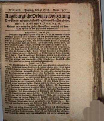 Augsburgische Ordinari Postzeitung von Staats-, gelehrten, historisch- u. ökonomischen Neuigkeiten (Augsburger Postzeitung) Freitag 5. September 1817