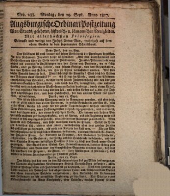 Augsburgische Ordinari Postzeitung von Staats-, gelehrten, historisch- u. ökonomischen Neuigkeiten (Augsburger Postzeitung) Montag 29. September 1817