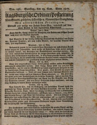 Augsburgische Ordinari Postzeitung von Staats-, gelehrten, historisch- u. ökonomischen Neuigkeiten (Augsburger Postzeitung) Samstag 29. November 1817