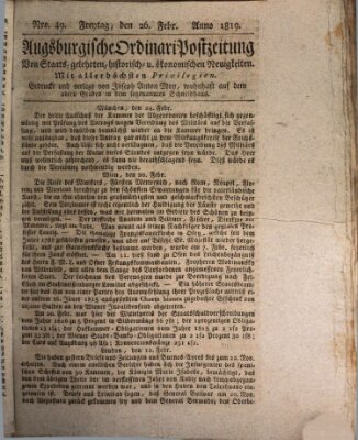Augsburgische Ordinari Postzeitung von Staats-, gelehrten, historisch- u. ökonomischen Neuigkeiten (Augsburger Postzeitung) Freitag 26. Februar 1819