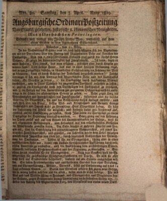 Augsburgische Ordinari Postzeitung von Staats-, gelehrten, historisch- u. ökonomischen Neuigkeiten (Augsburger Postzeitung) Samstag 3. April 1819