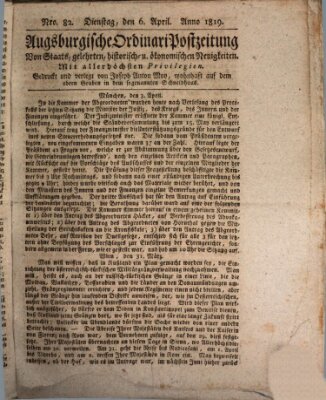 Augsburgische Ordinari Postzeitung von Staats-, gelehrten, historisch- u. ökonomischen Neuigkeiten (Augsburger Postzeitung) Dienstag 6. April 1819