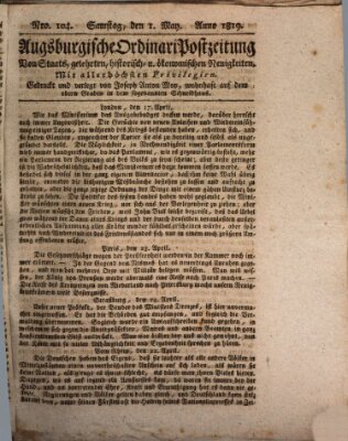 Augsburgische Ordinari Postzeitung von Staats-, gelehrten, historisch- u. ökonomischen Neuigkeiten (Augsburger Postzeitung) Samstag 1. Mai 1819