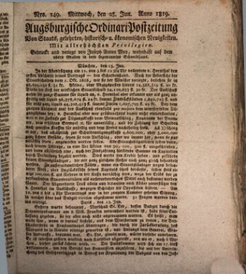 Augsburgische Ordinari Postzeitung von Staats-, gelehrten, historisch- u. ökonomischen Neuigkeiten (Augsburger Postzeitung) Mittwoch 23. Juni 1819