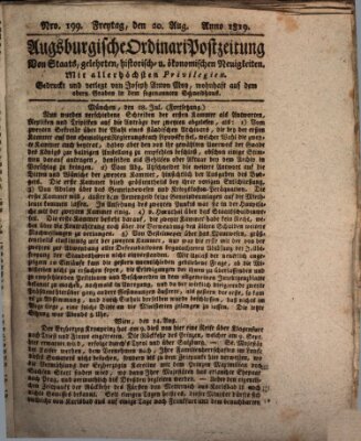 Augsburgische Ordinari Postzeitung von Staats-, gelehrten, historisch- u. ökonomischen Neuigkeiten (Augsburger Postzeitung) Freitag 20. August 1819