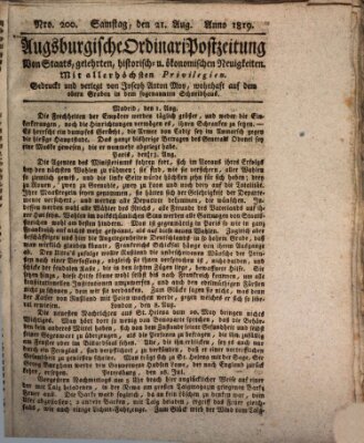 Augsburgische Ordinari Postzeitung von Staats-, gelehrten, historisch- u. ökonomischen Neuigkeiten (Augsburger Postzeitung) Samstag 21. August 1819