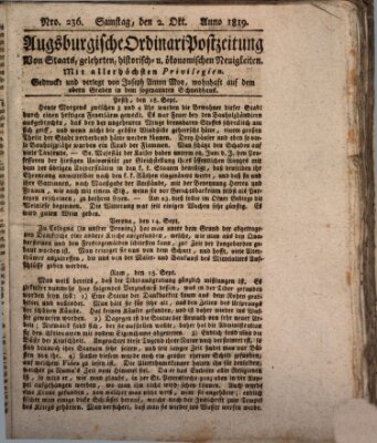 Augsburgische Ordinari Postzeitung von Staats-, gelehrten, historisch- u. ökonomischen Neuigkeiten (Augsburger Postzeitung) Samstag 2. Oktober 1819