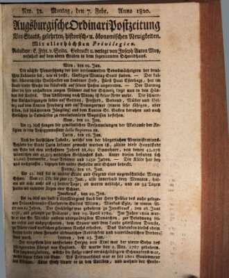 Augsburgische Ordinari Postzeitung von Staats-, gelehrten, historisch- u. ökonomischen Neuigkeiten (Augsburger Postzeitung) Montag 7. Februar 1820