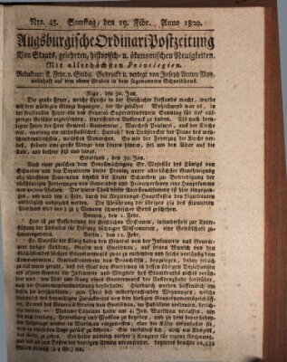 Augsburgische Ordinari Postzeitung von Staats-, gelehrten, historisch- u. ökonomischen Neuigkeiten (Augsburger Postzeitung) Samstag 19. Februar 1820