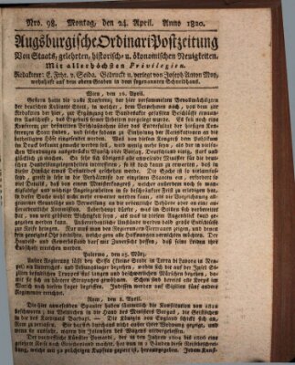Augsburgische Ordinari Postzeitung von Staats-, gelehrten, historisch- u. ökonomischen Neuigkeiten (Augsburger Postzeitung) Montag 24. April 1820