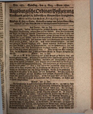Augsburgische Ordinari Postzeitung von Staats-, gelehrten, historisch- u. ökonomischen Neuigkeiten (Augsburger Postzeitung) Samstag 5. August 1820