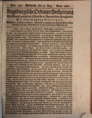 Augsburgische Ordinari Postzeitung von Staats-, gelehrten, historisch- u. ökonomischen Neuigkeiten (Augsburger Postzeitung) Mittwoch 9. August 1820