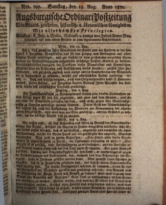 Augsburgische Ordinari Postzeitung von Staats-, gelehrten, historisch- u. ökonomischen Neuigkeiten (Augsburger Postzeitung) Samstag 19. August 1820