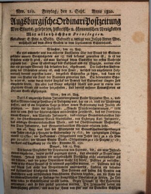 Augsburgische Ordinari Postzeitung von Staats-, gelehrten, historisch- u. ökonomischen Neuigkeiten (Augsburger Postzeitung) Freitag 1. September 1820