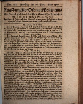 Augsburgische Ordinari Postzeitung von Staats-, gelehrten, historisch- u. ökonomischen Neuigkeiten (Augsburger Postzeitung) Samstag 16. September 1820