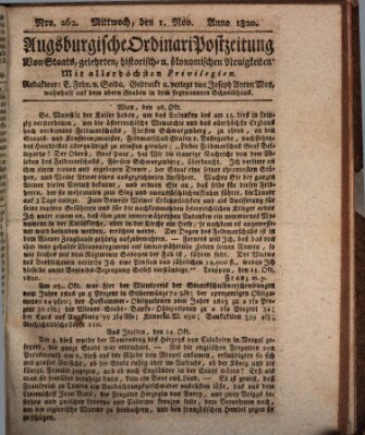 Augsburgische Ordinari Postzeitung von Staats-, gelehrten, historisch- u. ökonomischen Neuigkeiten (Augsburger Postzeitung) Mittwoch 1. November 1820