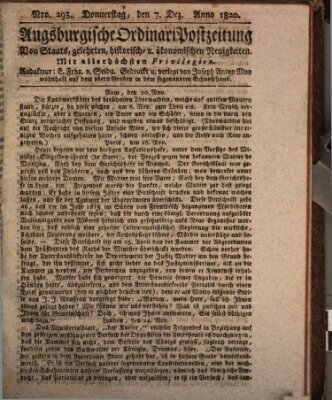 Augsburgische Ordinari Postzeitung von Staats-, gelehrten, historisch- u. ökonomischen Neuigkeiten (Augsburger Postzeitung) Donnerstag 7. Dezember 1820
