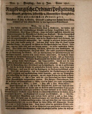 Augsburgische Ordinari Postzeitung von Staats-, gelehrten, historisch- u. ökonomischen Neuigkeiten (Augsburger Postzeitung) Freitag 5. Januar 1821
