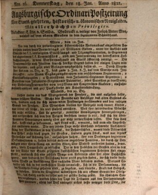 Augsburgische Ordinari Postzeitung von Staats-, gelehrten, historisch- u. ökonomischen Neuigkeiten (Augsburger Postzeitung) Donnerstag 18. Januar 1821