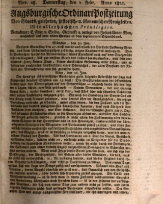 Augsburgische Ordinari Postzeitung von Staats-, gelehrten, historisch- u. ökonomischen Neuigkeiten (Augsburger Postzeitung) Donnerstag 1. Februar 1821